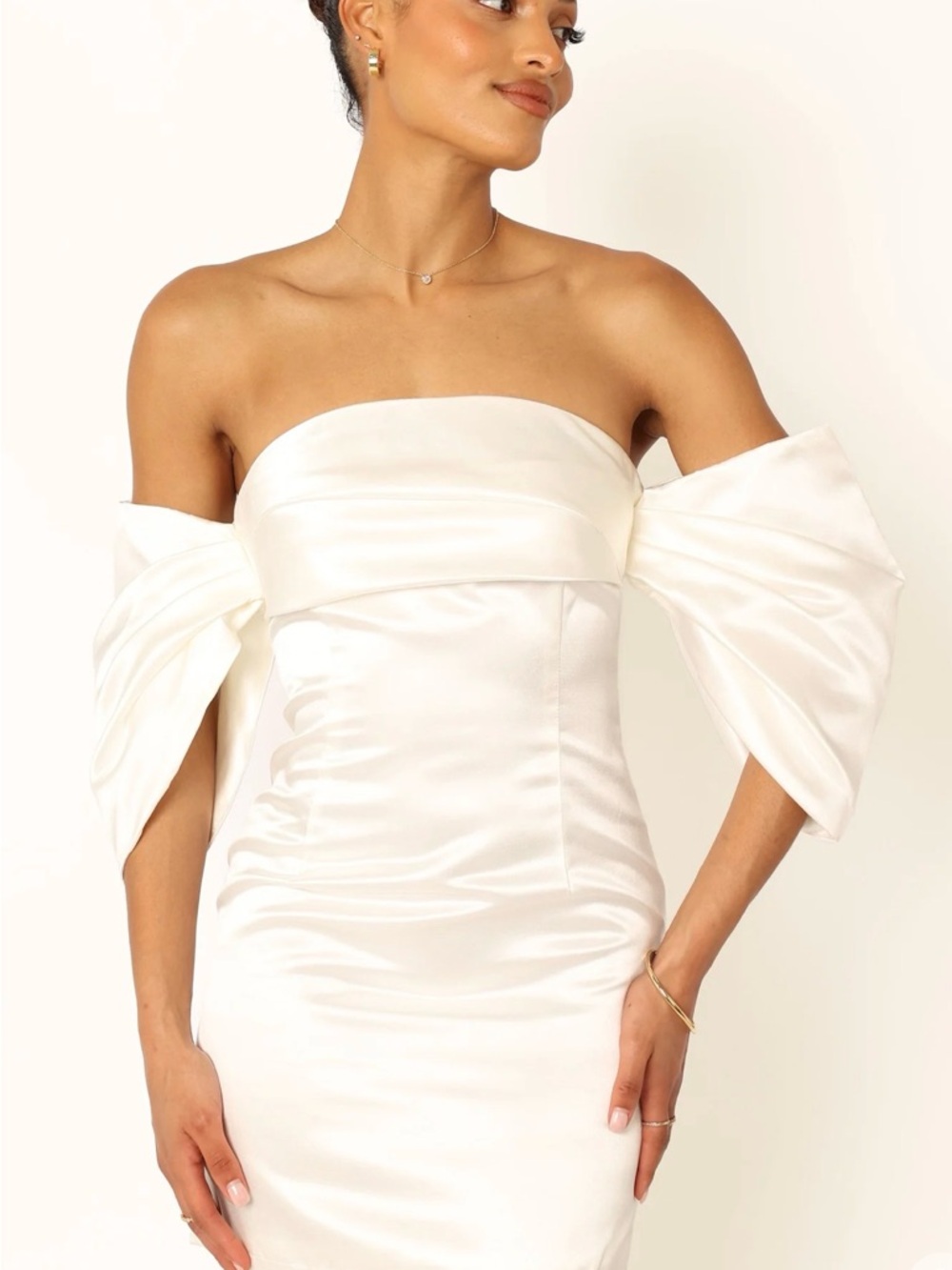 Petal & Pup Strapless Satin Dress in Cream with Draped Off-Shoulder Sleeves